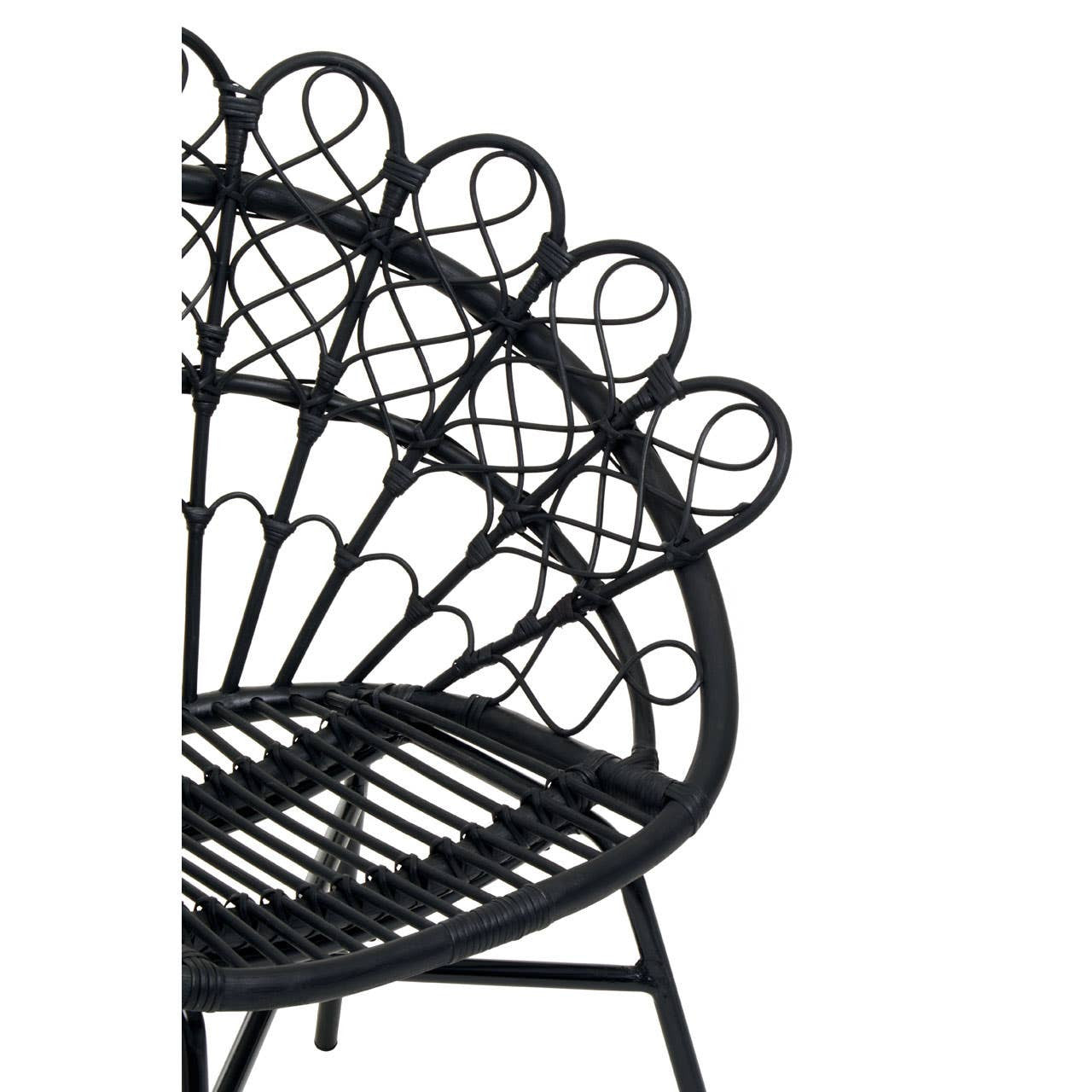 A black natural rattan peacock chair featuring a distinctive fan-shaped backrest with circular patterns, supported by a sturdy frame and a woven seat. The design showcases intricate detailing and a modern aesthetic suitable for home decor