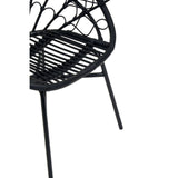 Black natural rattan peacock chair featuring a curved backrest with intricate woven patterns and slender metal legs. The design showcases a blend of elegance and bohemian style, ideal for home decor