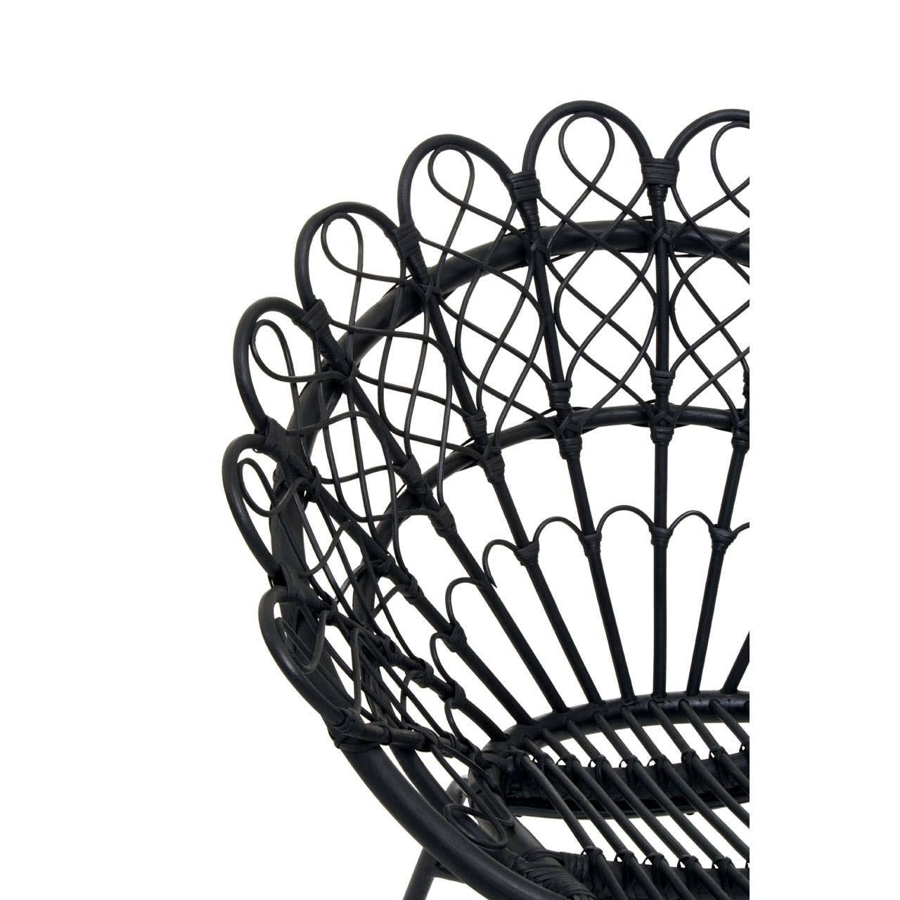 A close-up view of the Java Black Natural Rattan Peacock Chair, showcasing its intricate woven design and curved backrest with a fan-like shape. The chair features a sturdy circular base and elegant detailing in the rattan material, emphasizing its stylish and bohemian aesthetic