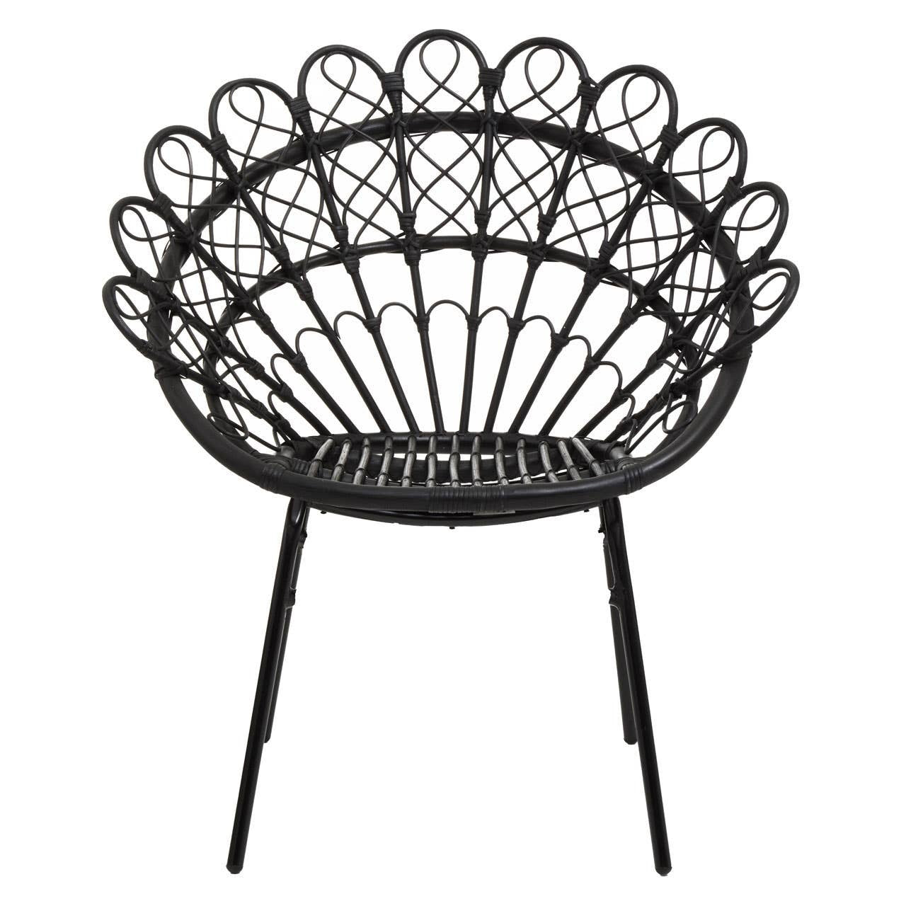A black rattan peacock chair with a circular, fan-shaped backrest featuring intricate woven patterns, supported by four slender legs. The chair has a natural finish that highlights the rattan texture