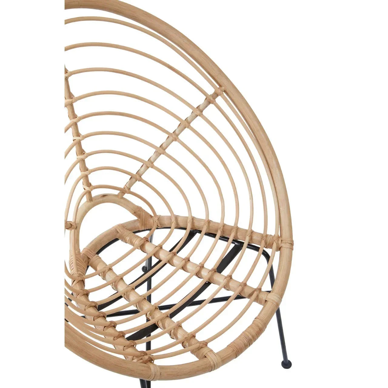 Round rattan chair seat with black metal legs, close-up on natural woven detail