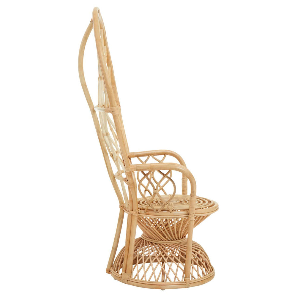Curved chair made from natural rattan, featuring a high backrest and intricate woven design, with a rounded seat and sturdy base, showcasing a light brown finish