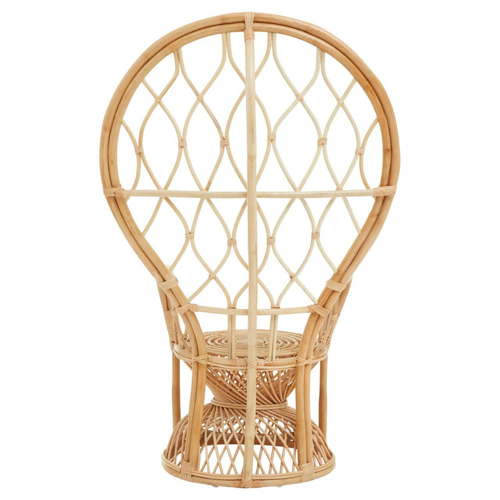 Curved chair made from natural rattan, featuring a unique balloon-like shape with an intricate woven pattern and a sturdy base. The chair showcases a light, natural finish that highlights the texture of the rattan
