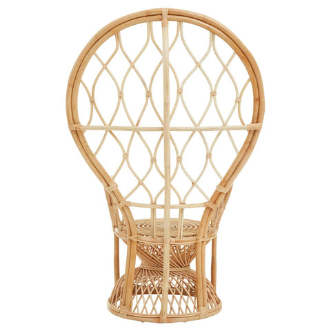 Curved chair made from natural rattan, featuring a unique balloon-like shape with an intricate woven pattern and a sturdy base. The chair showcases a light, natural finish that highlights the texture of the rattan