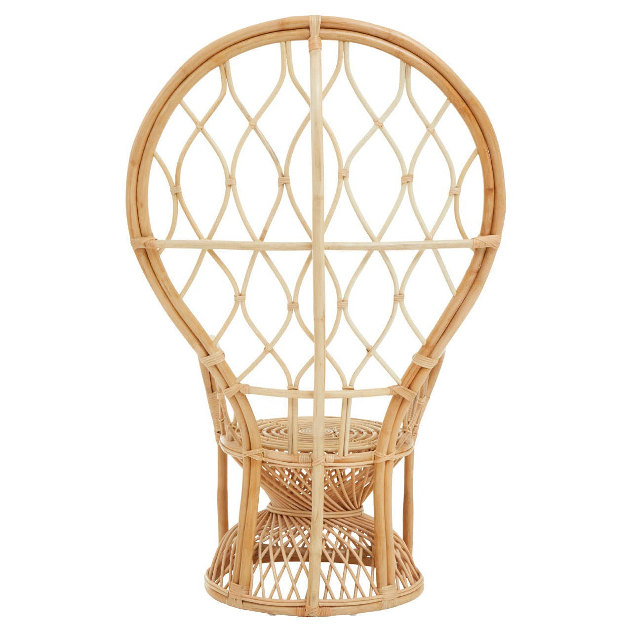 Curved chair made from natural rattan, featuring a unique balloon-like shape with an intricate woven pattern and a sturdy base. The chair showcases a light, natural finish that highlights the texture of the rattan