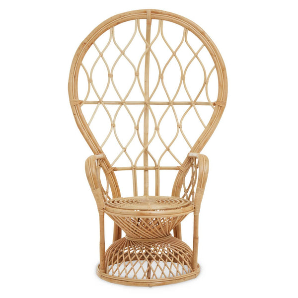 Curved chair made of natural rattan featuring an intricate woven design, with a rounded backrest and a sturdy base, showcasing a light brown finish that highlights the texture of the material