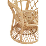 Curved chair made of natural rattan, featuring a woven design with a circular seat and a sturdy base. The chair showcases a light, natural finish and intricate patterns in the rattan weaving