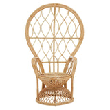 Curved chair made of natural rattan featuring an intricate woven design, a rounded backrest, and a sturdy base with a circular seat. The chair showcases a light, natural wood finish, highlighting the texture of the rattan