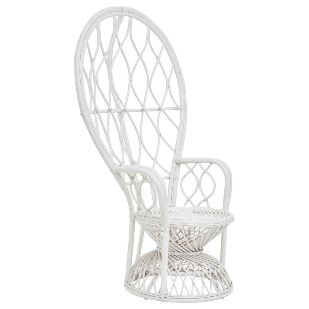 Curved chair made of natural rattan in a grey and white color scheme, featuring an intricate woven design and a comfortable seat cushion. The chair has a tall backrest and a round base, showcasing a modern and stylish aesthetic suitable for home decor