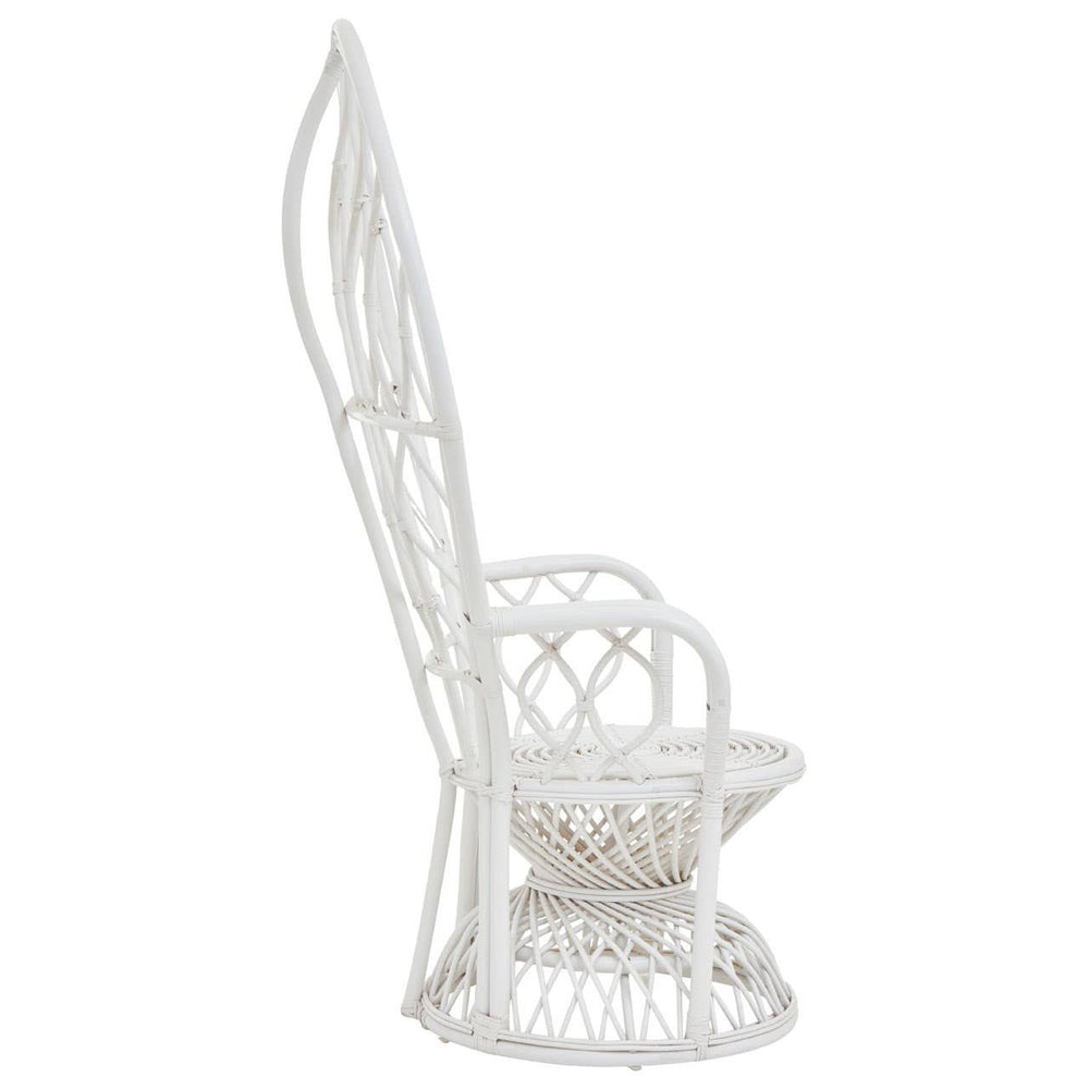 Curved chair made of natural rattan featuring a grey and white color scheme, showcasing a tall, elegant backrest and a rounded seat design. The chair has intricate weaving patterns and a sturdy base, ideal for home decor