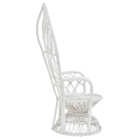 Curved chair made of natural rattan featuring a grey and white color scheme, showcasing a tall, elegant backrest and a rounded seat design. The chair has intricate weaving patterns and a sturdy base, ideal for home decor