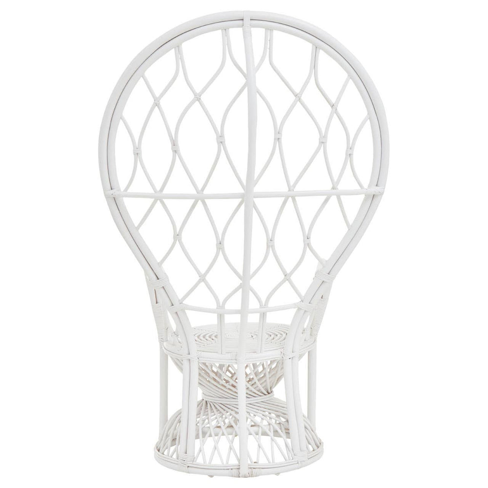 Curved chair made of natural rattan with a grey and white finish, featuring a unique balloon-like shape and intricate woven design, suitable for home decor