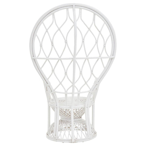 Curved chair made of natural rattan with a grey and white finish, featuring a unique balloon-like shape and intricate woven design, suitable for home decor
