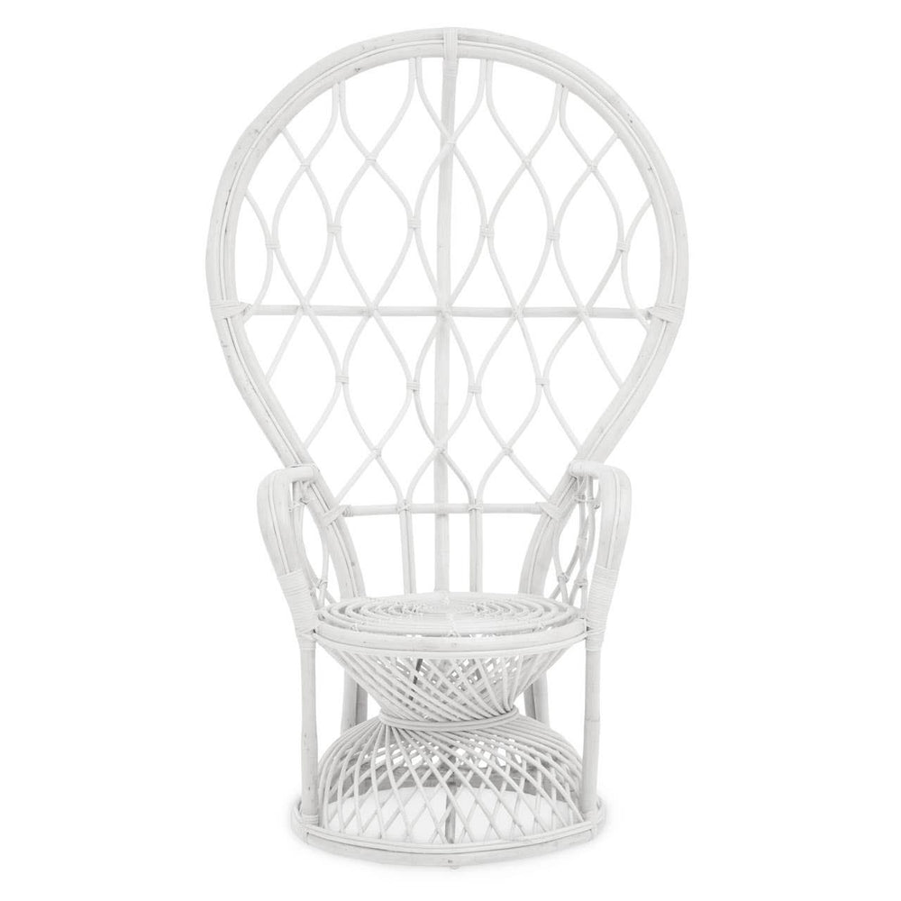 Curved chair made of natural rattan featuring a grey and white color scheme, with a distinctive balloon-like backrest design and a comfortable seat. The chair has a sturdy base and intricate weaving patterns throughout