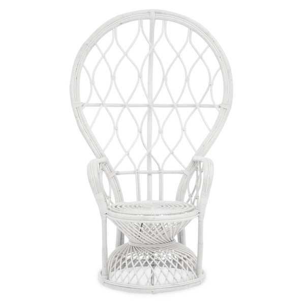 Curved chair made of natural rattan featuring a grey and white color scheme, with a distinctive balloon-like backrest design and a comfortable seat. The chair has a sturdy base and intricate weaving patterns throughout