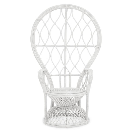 Curved chair made of natural rattan featuring a grey and white color scheme, with a distinctive balloon-like backrest design and a comfortable seat. The chair has a sturdy base and intricate weaving patterns throughout