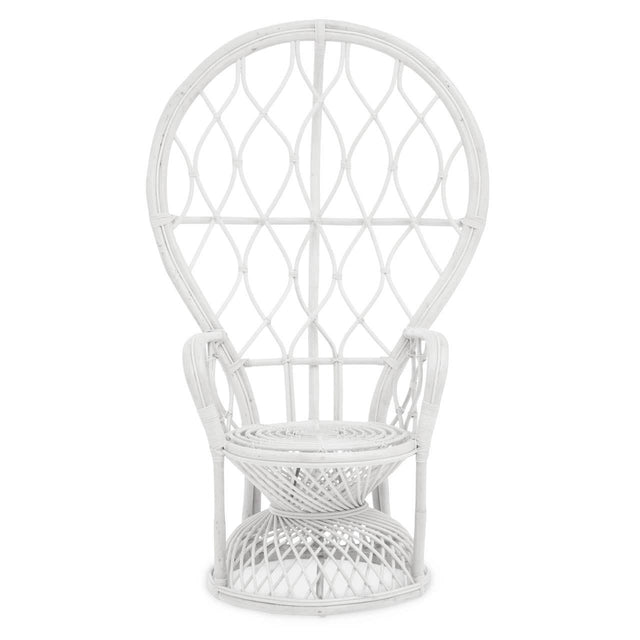 Curved chair made of natural rattan featuring a grey and white color scheme, with a distinctive balloon-like backrest design and a comfortable seat. The chair has a sturdy base and intricate weaving patterns throughout