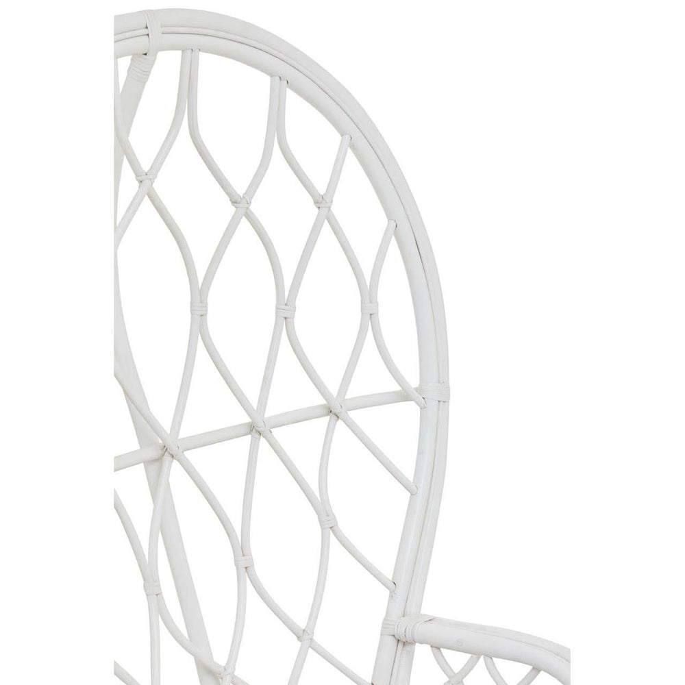 Curved chair featuring a natural rattan design with a grey and white color scheme, showcasing a distinctive woven pattern in the backrest