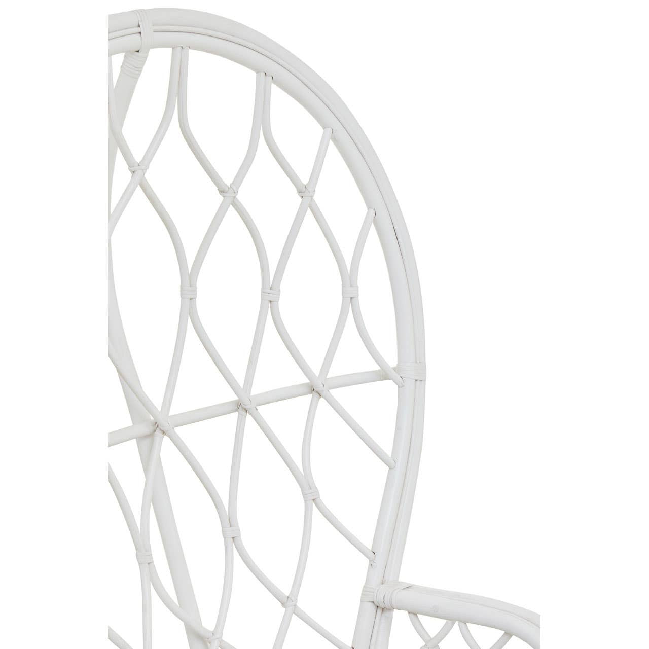 Curved chair featuring a natural rattan design with a grey and white color scheme, showcasing a distinctive woven pattern in the backrest