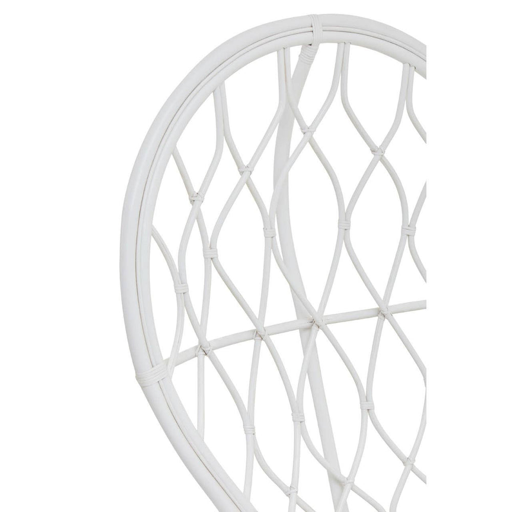 Curved chair featuring a natural rattan design in grey and white, showcasing a woven pattern that adds texture and elegance. The chair's structure emphasizes a modern aesthetic suitable for home decor