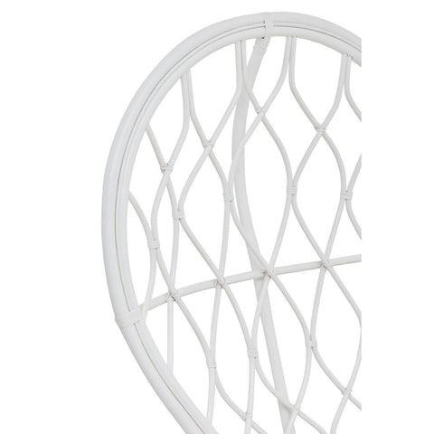 Curved chair featuring a natural rattan design in grey and white, showcasing a woven pattern that adds texture and elegance. The chair's structure emphasizes a modern aesthetic suitable for home decor