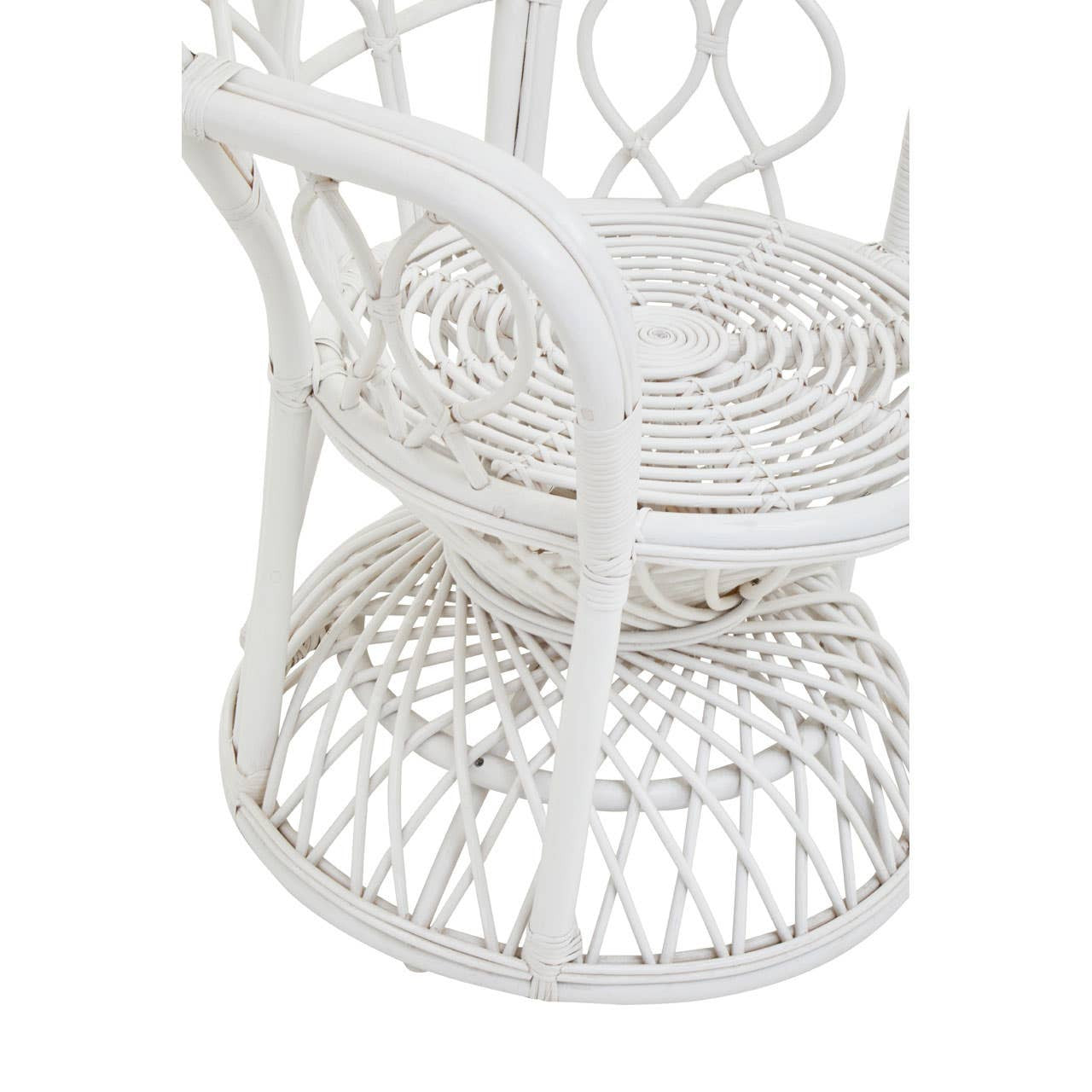 Curved chair made from natural rattan featuring a grey and white color scheme, showcasing a woven design with a round base and intricate detailing in the backrest