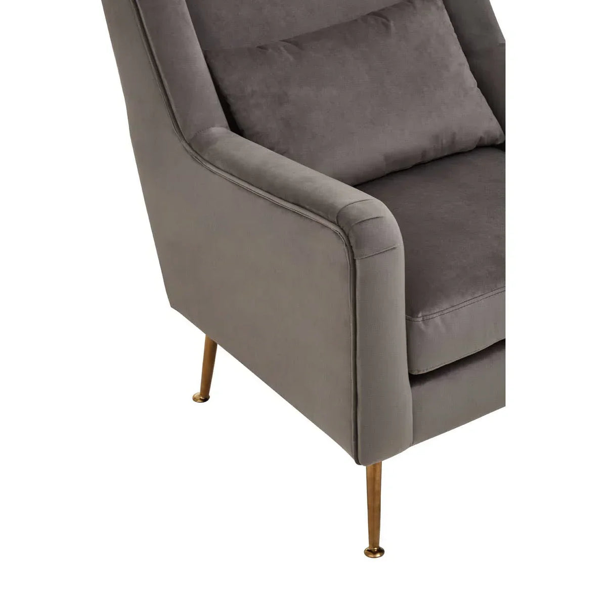 Grey velvet armchair with gold metal legs and matching cushion, angled side view