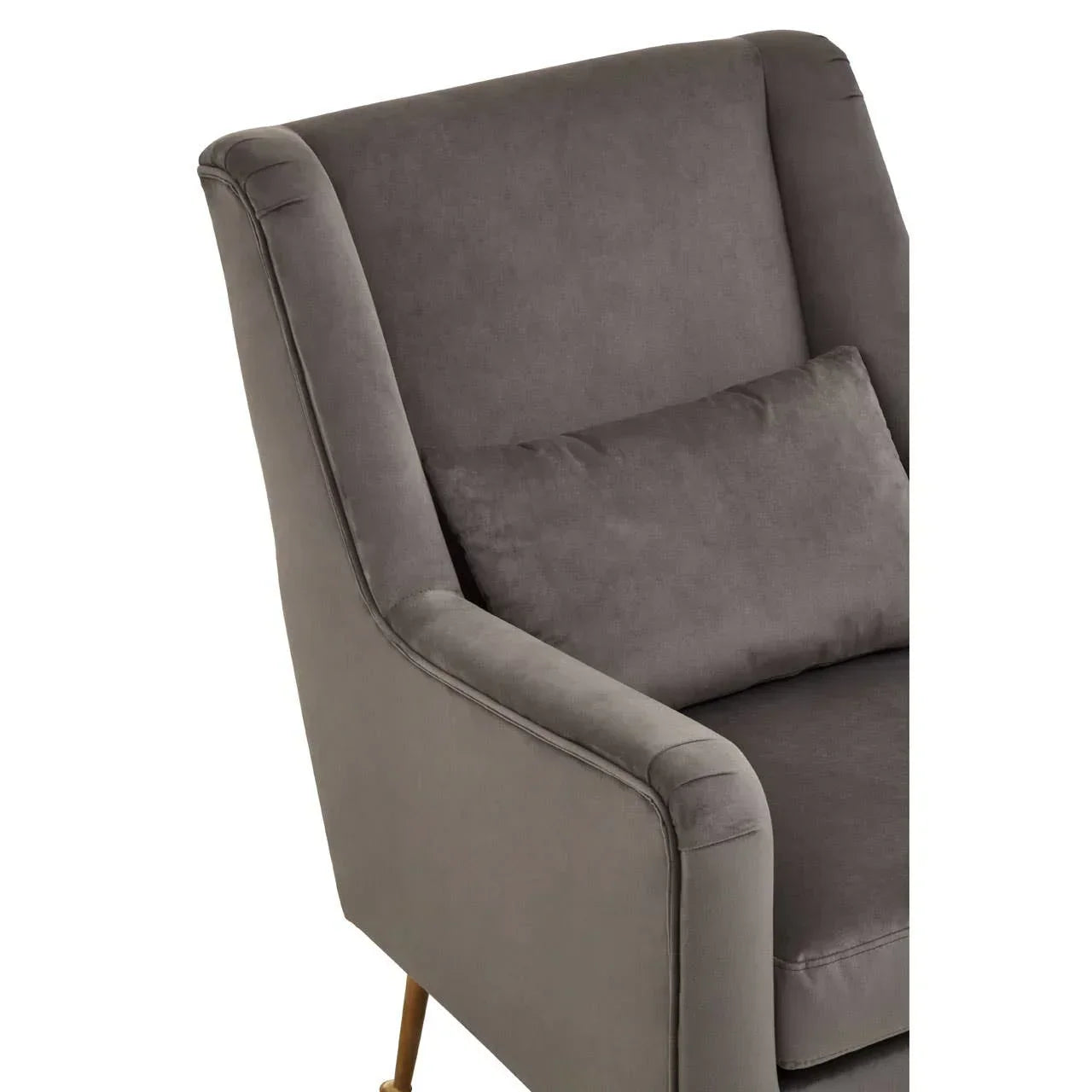 Grey upholstered armchair with matching cushion and angled wooden legs