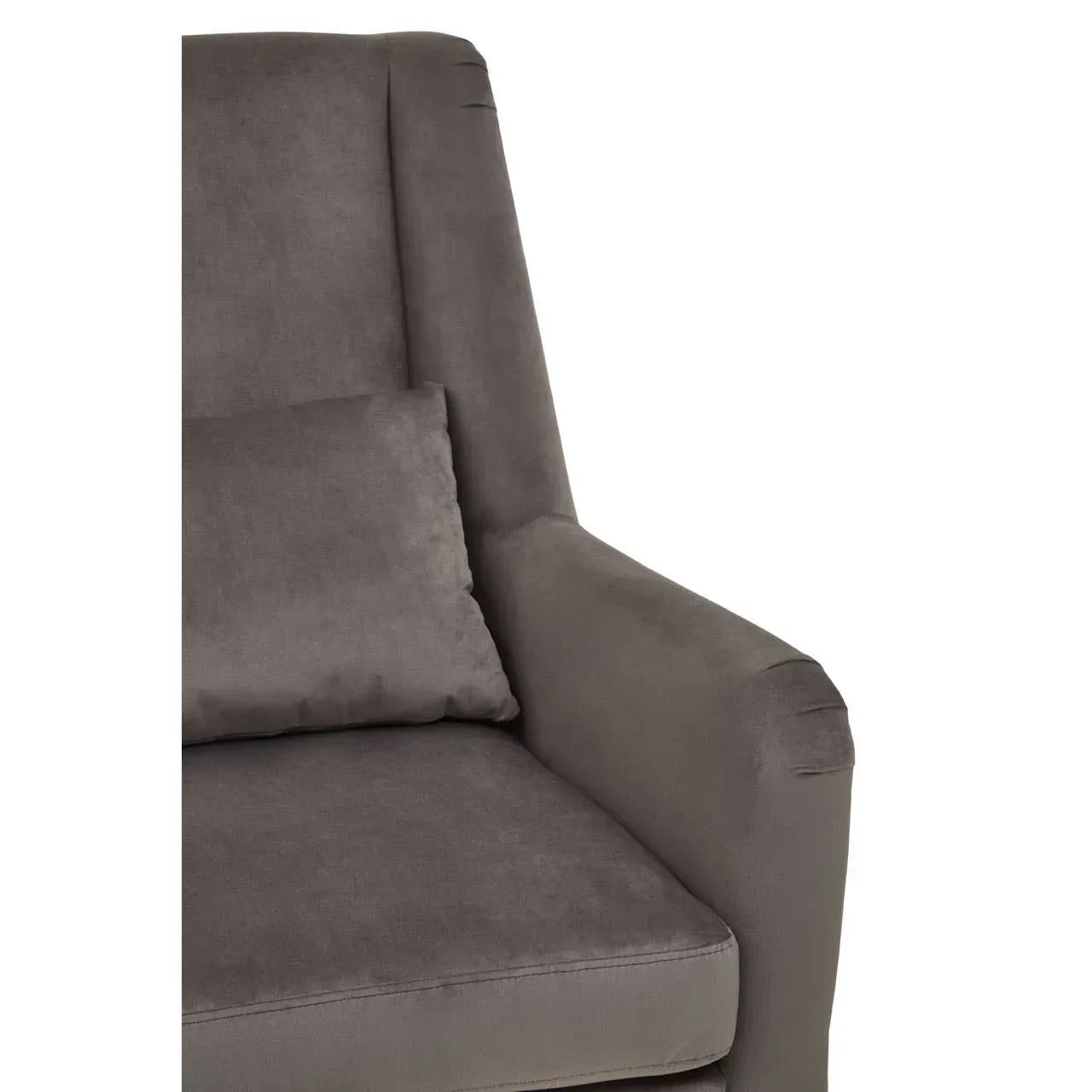 Grey fabric armchair close-up showing armrest, seat cushion and matching lumbar pillow