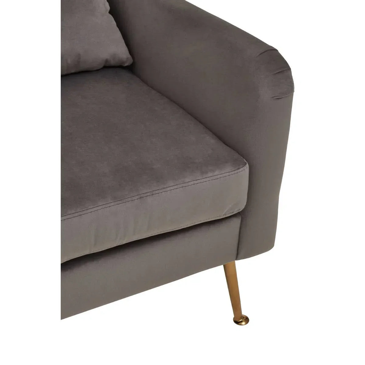 Grey velvet sofa arm with gold metal leg and matching cushion