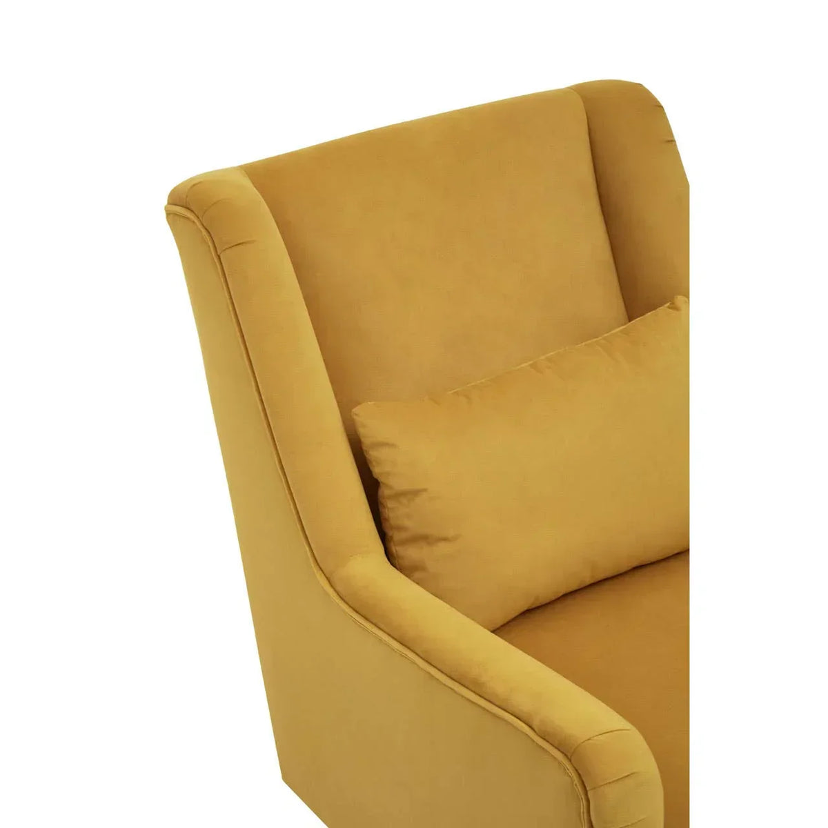 Mustard yellow velvet armchair with matching cushion, high backrest and soft upholstery