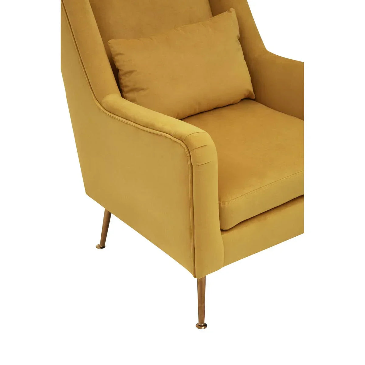 Mustard yellow armchair with gold metal legs and matching cushion, angled side view
