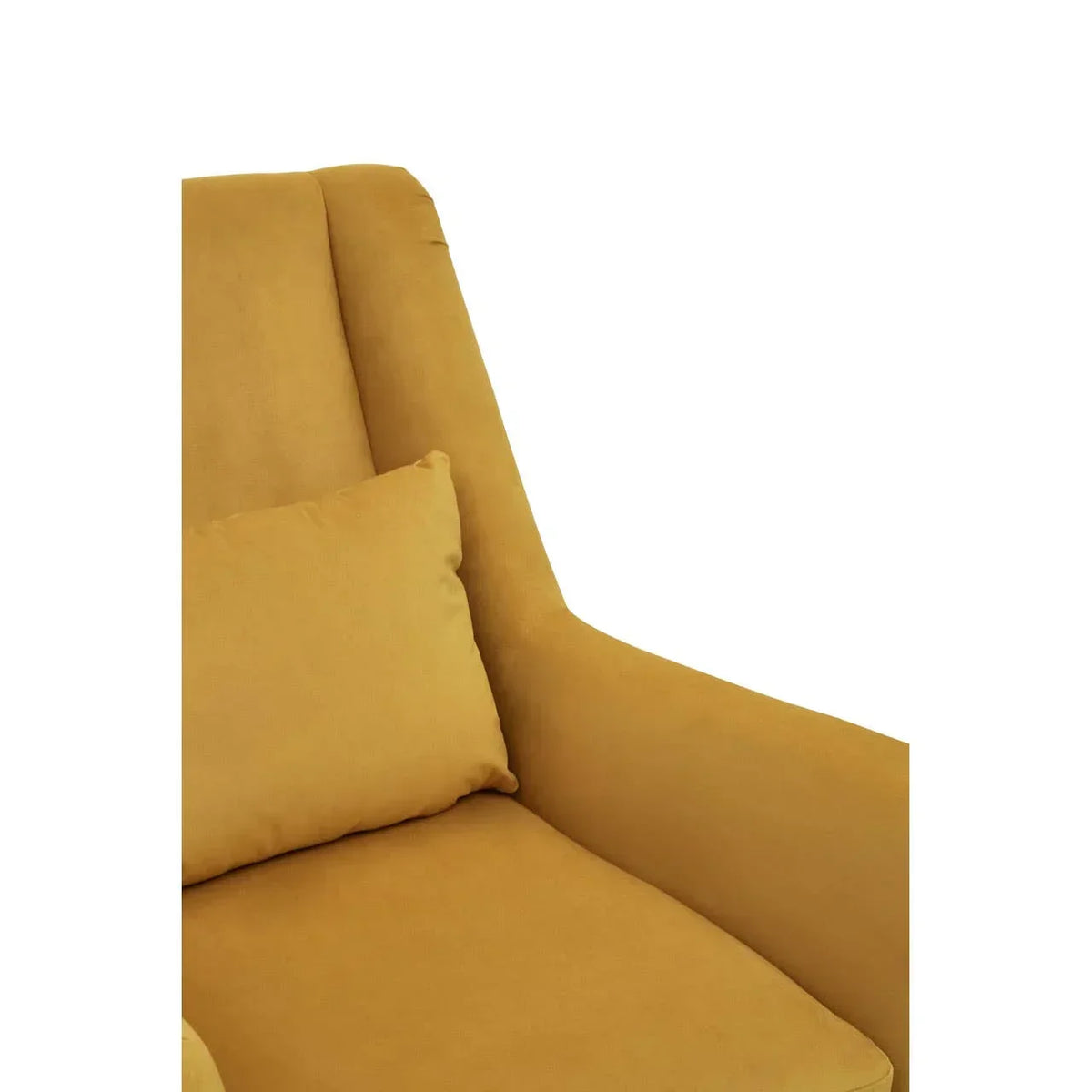 Mustard yellow fabric armchair with matching cushion, partial side and seat view