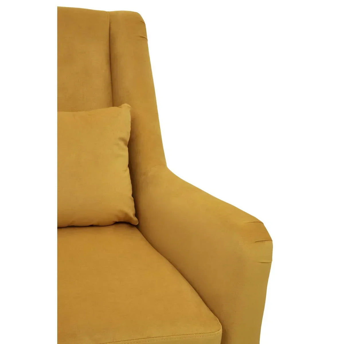 Mustard yellow armchair with matching cushion and high backrest, close-up of seat and arm