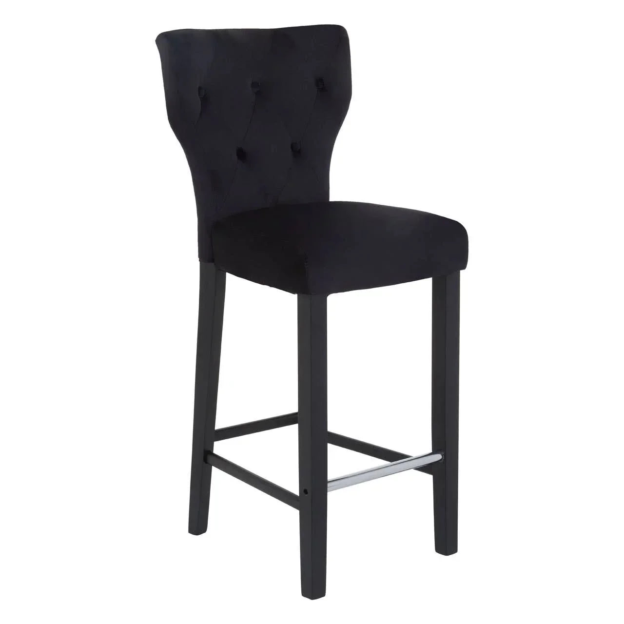 Black velvet bar stool with tufted backrest and wooden legs, front angle view