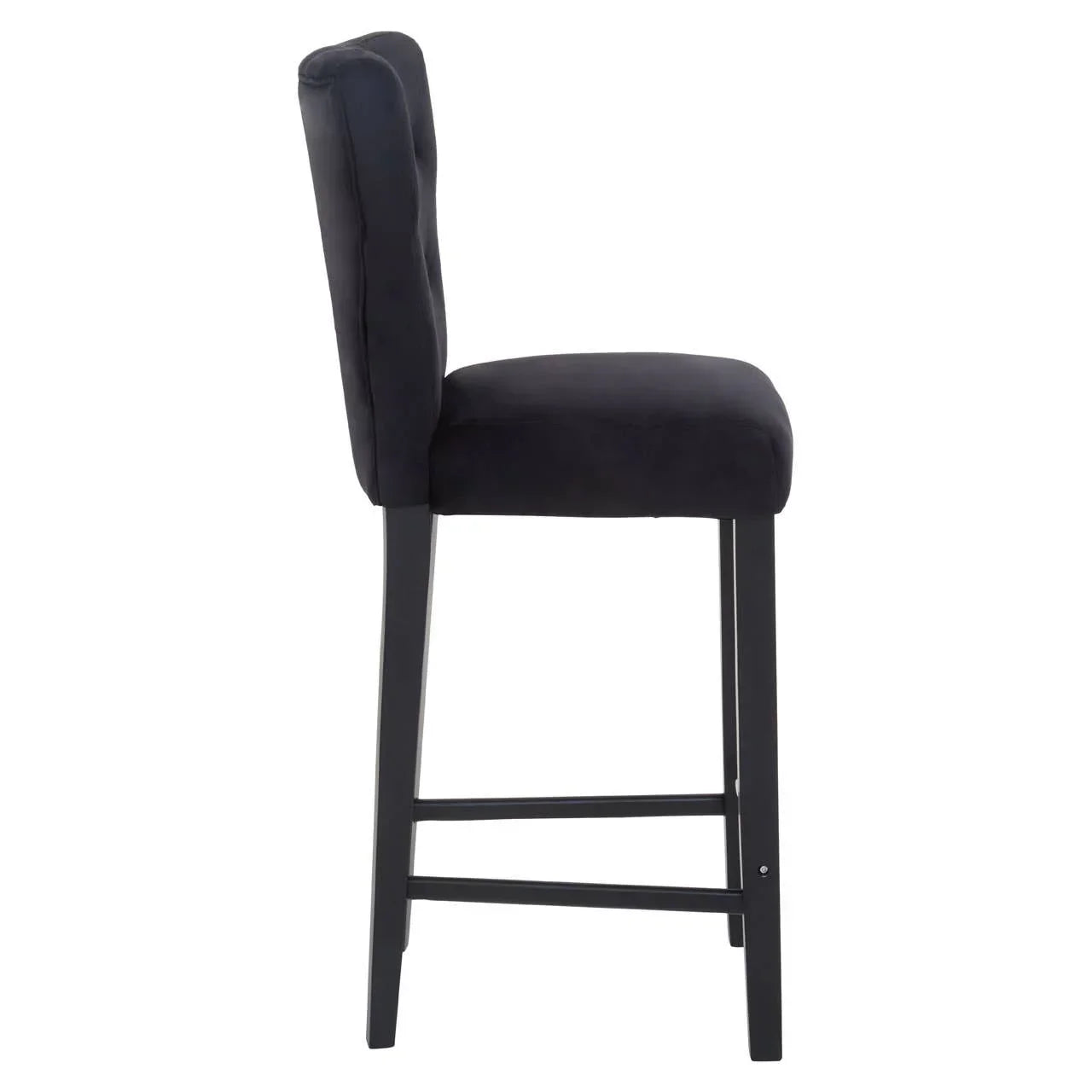Side view of black velvet bar stool with high back and dark wooden legs