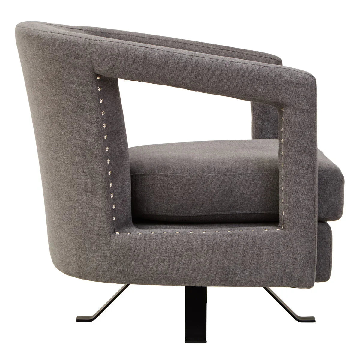 Grey fabric swivel accent chair with metal legs and studded detailing, side view