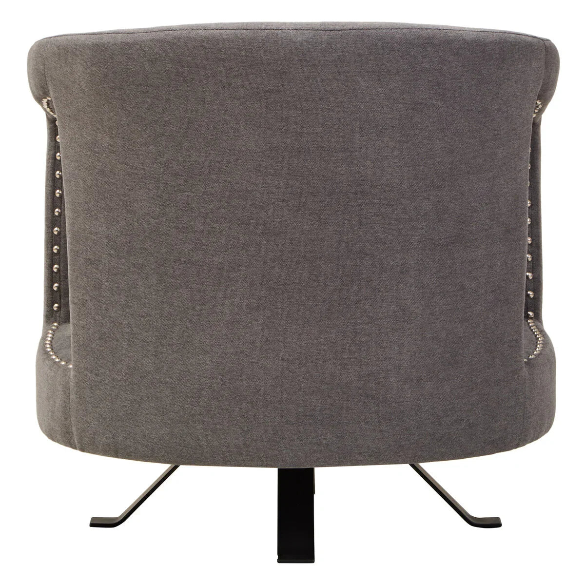 Grey fabric accent chair rear view with metal base and silver stud detailing