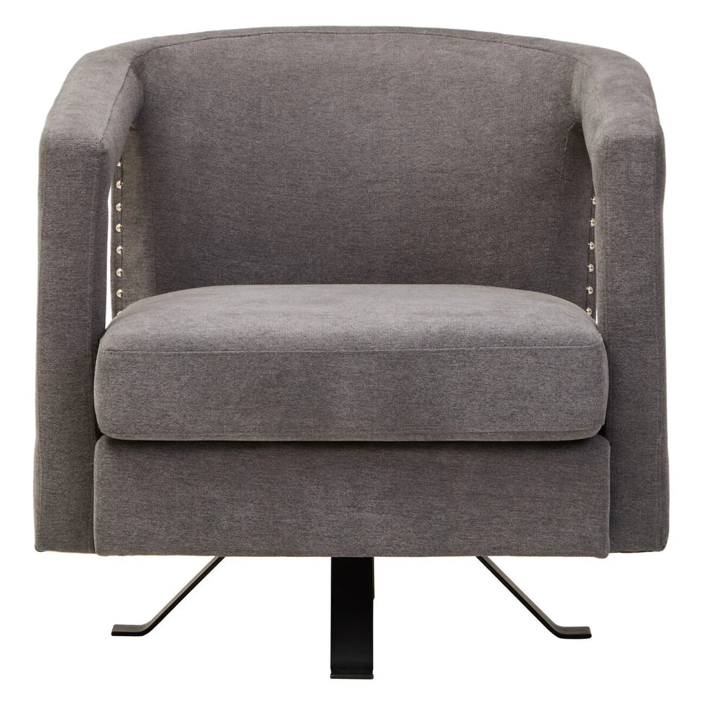 Grey fabric swivel armchair with metal base and silver stud detail, front view
