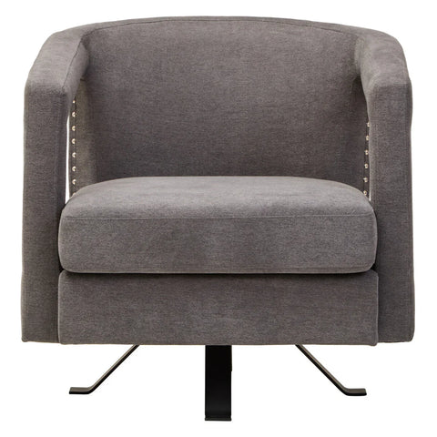 Grey fabric swivel armchair with metal base and silver stud detail, front view