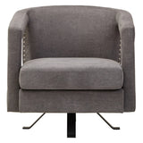 Grey fabric swivel armchair with metal base and silver stud detail, front view