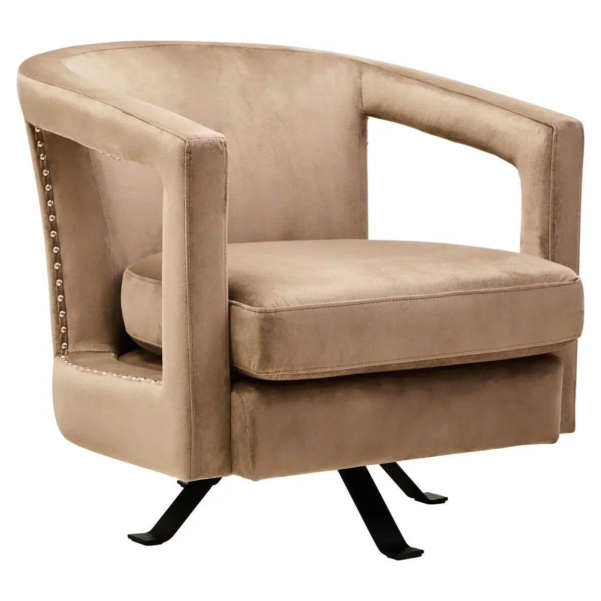 Beige velvet accent chair with metal legs and studded trim detail