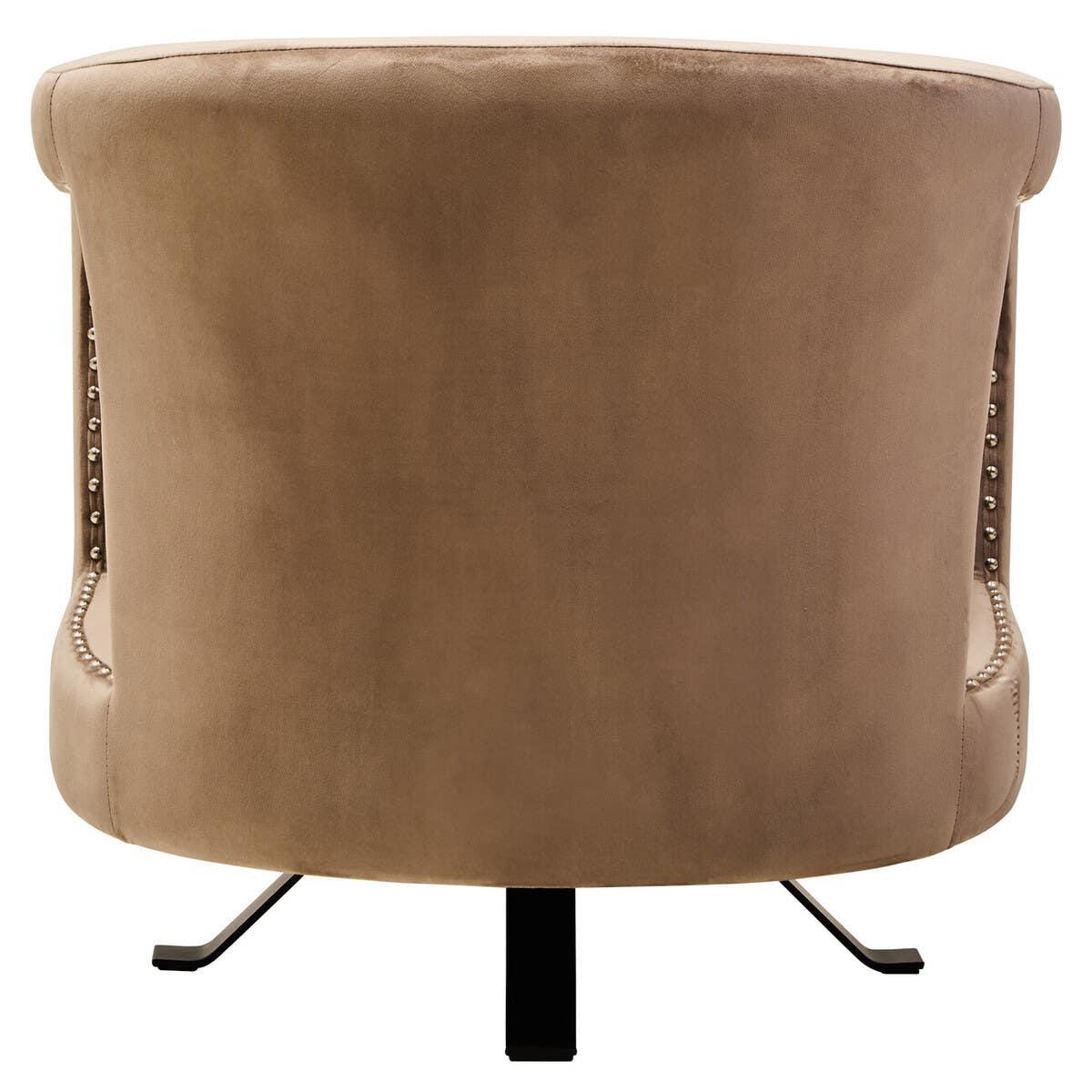 Taupe velvet swivel armchair with metal legs and studded trim, rear view