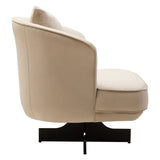 Side view of modern beige accent chair with plush cushioning and black metal base