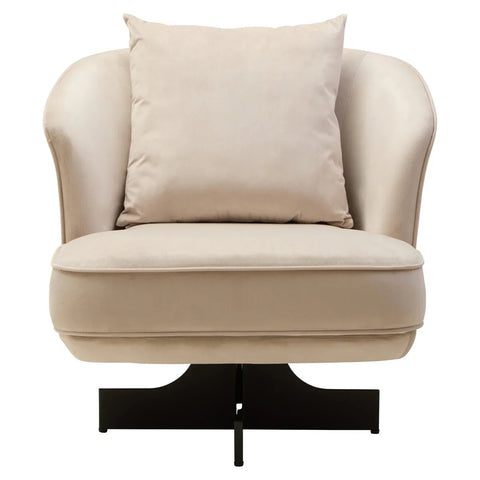 Beige velvet accent chair with curved back, plush cushion and black metal base, front view