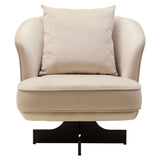 Beige velvet accent chair with curved back, plush cushion and black metal base, front view