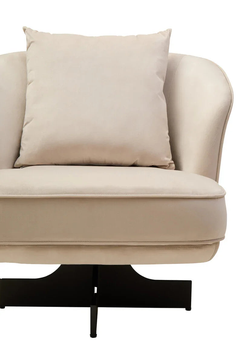 Beige fabric accent chair with cushion, curved backrest, and black metal base front view