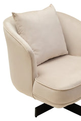 Beige velvet accent chair with curved armrest, plush cushion and black metal legs