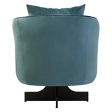 Rear view of teal velvet accent chair with black metal base and cushion