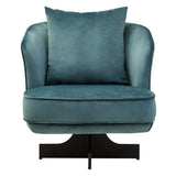 Teal velvet accent chair with cushion and black metal base, front view
